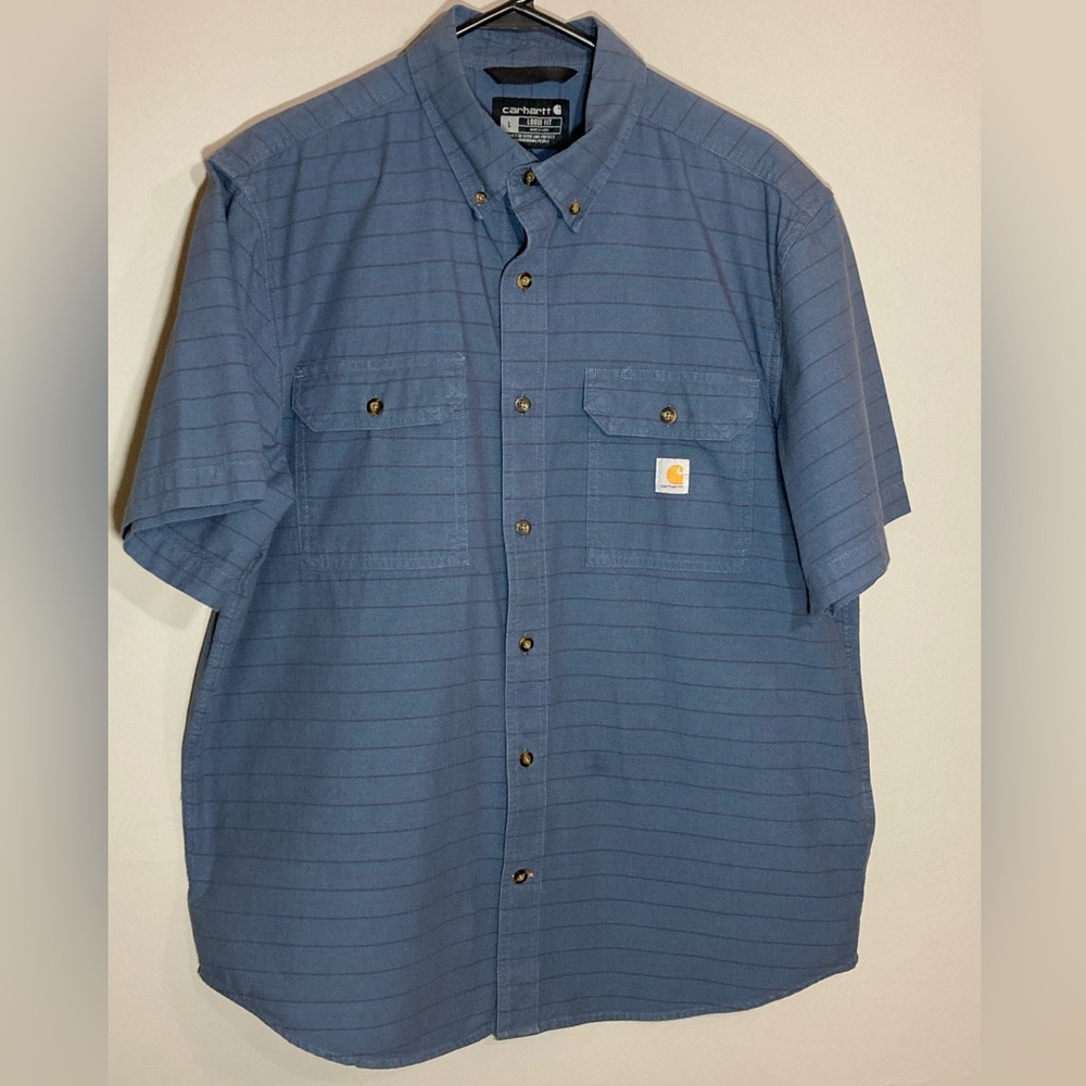 Carhartt Men's Casual Navy Blue Striped Button Down Short Sleeve Shirt Sz L